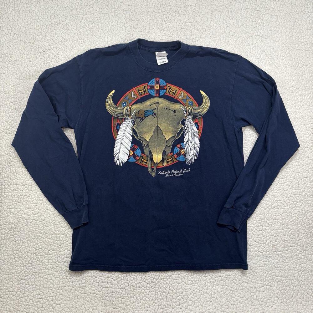 Badlands National Park SD T-Shirt L Long Sleeve Tee Cow Skull Native USA Feather